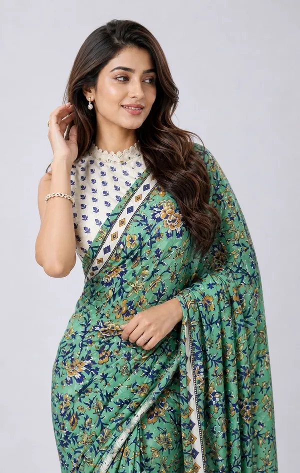 Leelavati_Printed_Floral_Print_Geometric_Print_Blocked_Printed_Woven_Daily_Wear_Pure_Cotton_Saree_Green