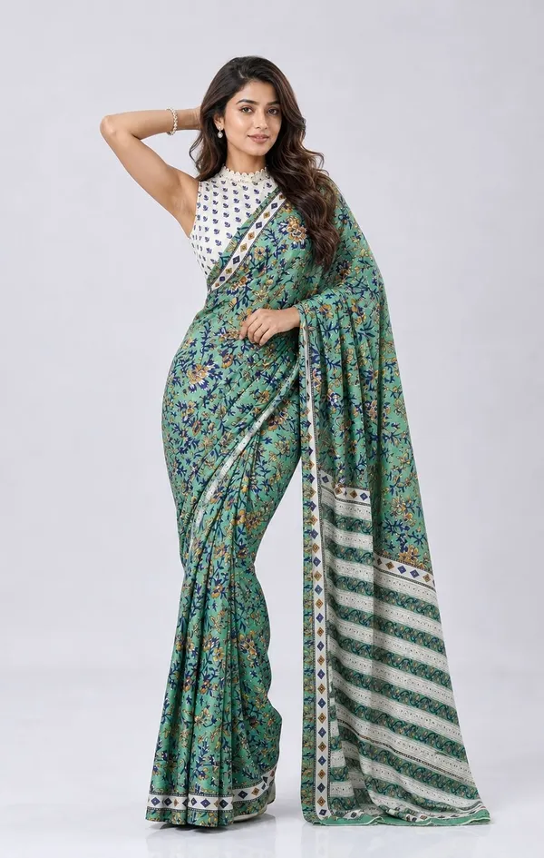 Leelavati_Printed_Floral_Print_Geometric_Print_Blocked_Printed_Woven_Daily_Wear_Pure_Cotton_Saree_Green