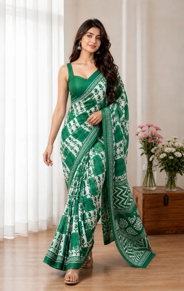 Leelavati_Printed_Floral_Print_Geometric_Print_Blocked_Printed_Woven_Daily_Wear_Pure_Cotton_Saree_Green