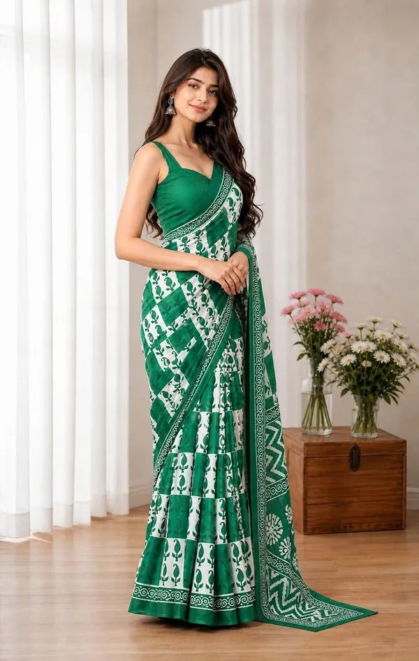 Leelavati_Printed_Floral_Print_Geometric_Print_Blocked_Printed_Woven_Daily_Wear_Pure_Cotton_Saree_Green
