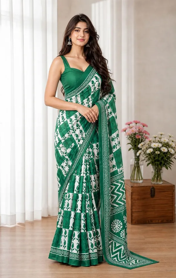 Leelavati_Printed_Floral_Print_Geometric_Print_Blocked_Printed_Woven_Daily_Wear_Pure_Cotton_Saree_Green