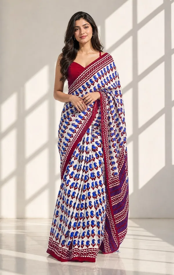 Leelavati_Printed_Floral_Print_Geometric_Print_Blocked_Printed_Woven_Daily_Wear_Pure_Cotton_Saree_Blue