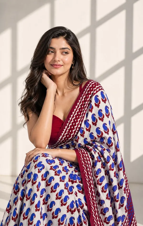 Leelavati_Printed_Floral_Print_Geometric_Print_Blocked_Printed_Woven_Daily_Wear_Pure_Cotton_Saree_Blue