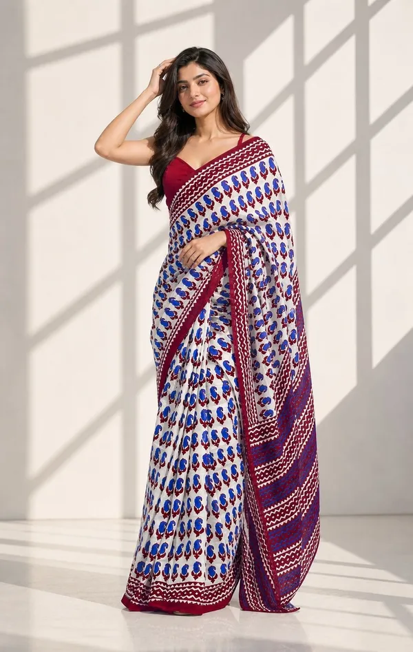 Leelavati_Printed_Floral_Print_Geometric_Print_Blocked_Printed_Woven_Daily_Wear_Pure_Cotton_Saree_Blue