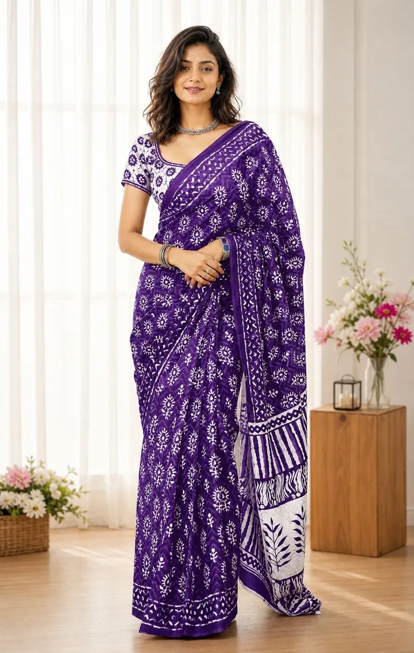 Leelavati_Printed_Floral_Print_Geometric_Print_Blocked_Printed_Woven_Daily_Wear_Pure_Cotton_Saree_Purple