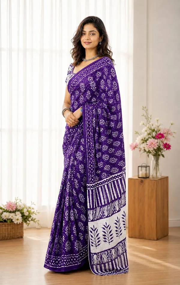 Leelavati_Printed_Floral_Print_Geometric_Print_Blocked_Printed_Woven_Daily_Wear_Pure_Cotton_Saree_Purple