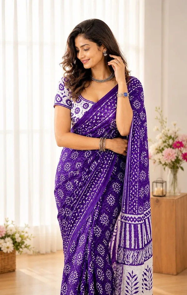 Leelavati_Printed_Floral_Print_Geometric_Print_Blocked_Printed_Woven_Daily_Wear_Pure_Cotton_Saree_Purple