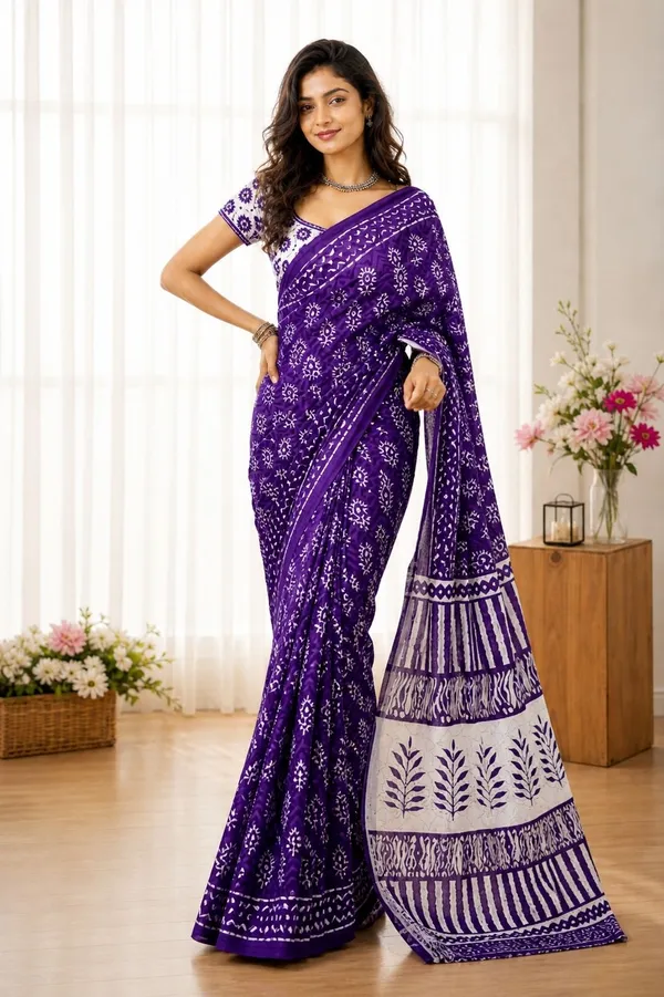 Leelavati_Printed_Floral_Print_Geometric_Print_Blocked_Printed_Woven_Daily_Wear_Pure_Cotton_Saree_Purple