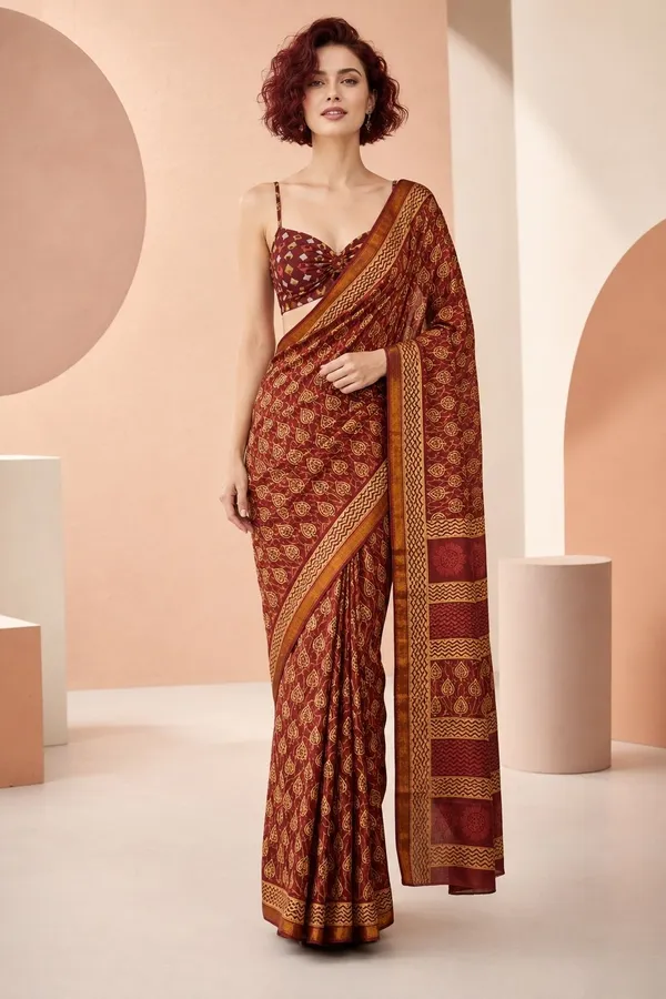 Leelavati_Printed_Floral_Print_Geometric_Print_Blocked_Printed_Woven_Daily_Wear_Pure_Cotton_Saree_Brown