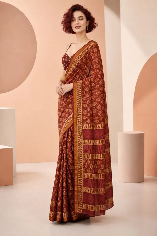 Leelavati_Printed_Floral_Print_Geometric_Print_Blocked_Printed_Woven_Daily_Wear_Pure_Cotton_Saree_Brown