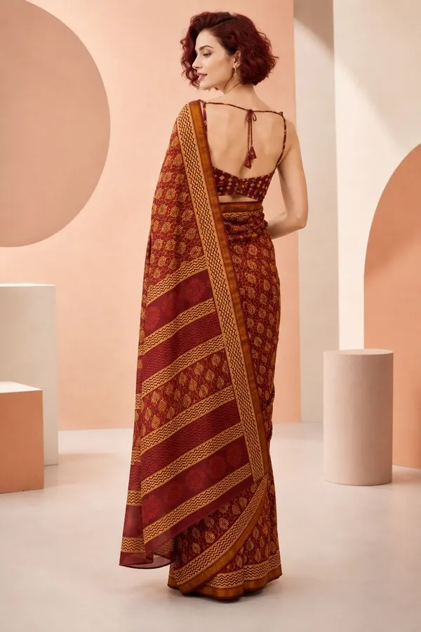 Leelavati_Printed_Floral_Print_Geometric_Print_Blocked_Printed_Woven_Daily_Wear_Pure_Cotton_Saree_Brown