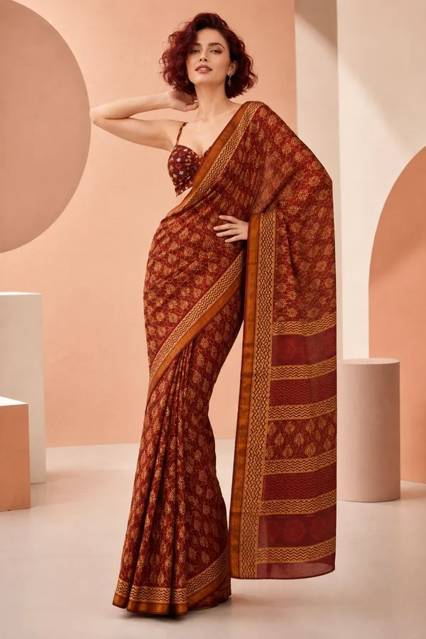 Leelavati_Printed_Floral_Print_Geometric_Print_Blocked_Printed_Woven_Daily_Wear_Pure_Cotton_Saree_Brown