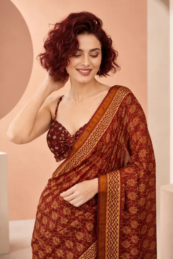 Leelavati_Printed_Floral_Print_Geometric_Print_Blocked_Printed_Woven_Daily_Wear_Pure_Cotton_Saree_Brown