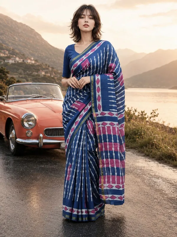 Leelavati_Printed_Floral_Print_Geometric_Print_Blocked_Printed_Woven_Daily_Wear_Pure_Cotton_Saree_Blue