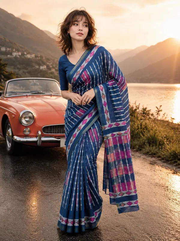 Leelavati_Printed_Floral_Print_Geometric_Print_Blocked_Printed_Woven_Daily_Wear_Pure_Cotton_Saree_Blue