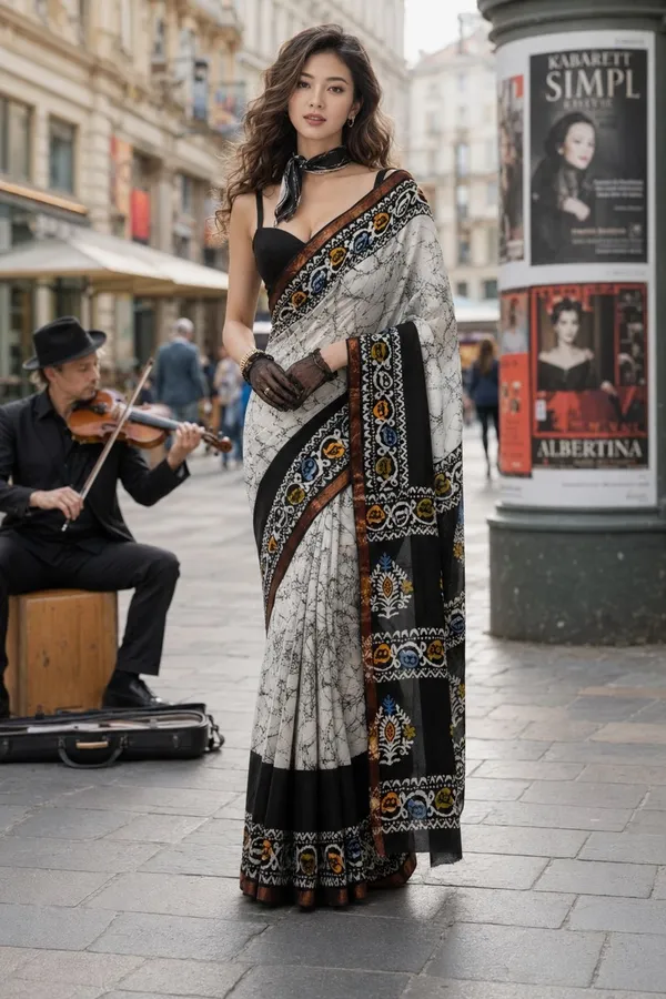 Leelavati_Printed_Floral_Print_Geometric_Print_Blocked_Printed_Woven_Daily_Wear_Pure_Cotton_Saree_White_And_Black