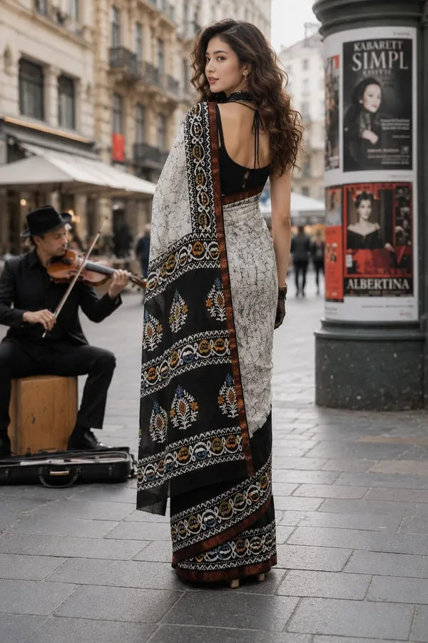 Leelavati_Printed_Floral_Print_Geometric_Print_Blocked_Printed_Woven_Daily_Wear_Pure_Cotton_Saree_White_And_Black