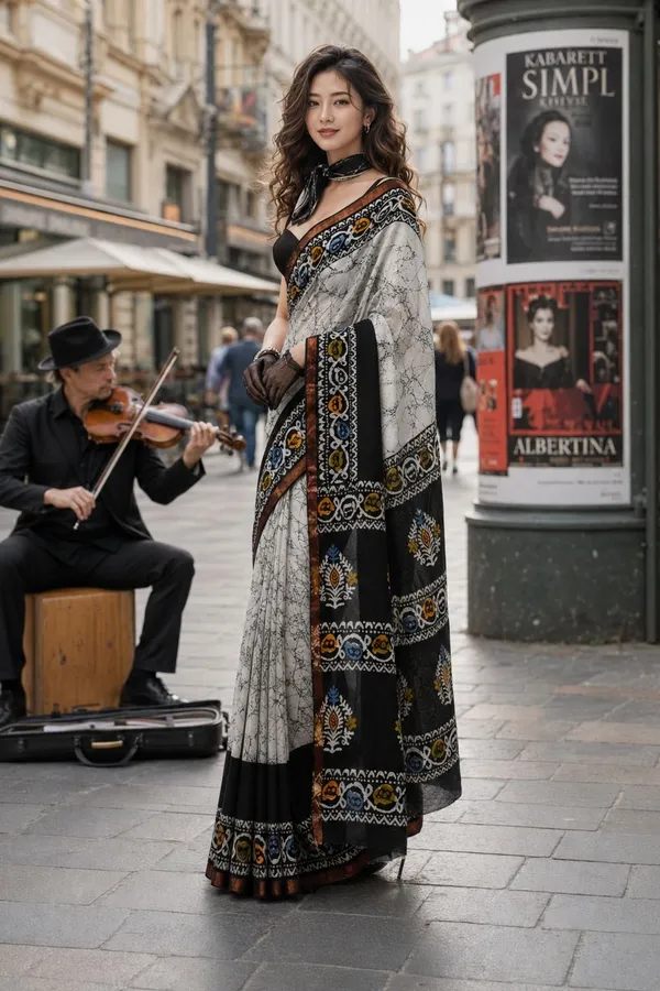 Leelavati_Printed_Floral_Print_Geometric_Print_Blocked_Printed_Woven_Daily_Wear_Pure_Cotton_Saree_White_And_Black
