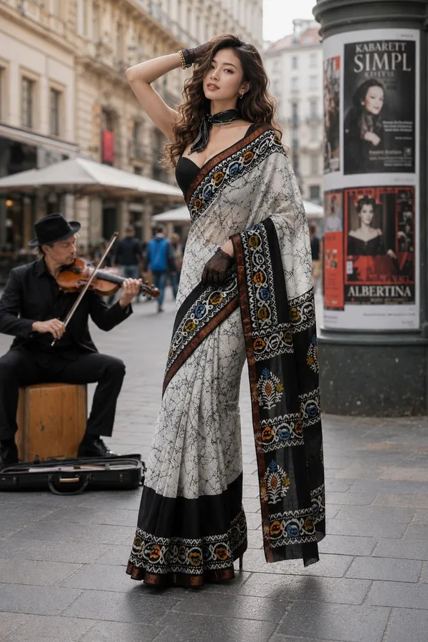 Leelavati_Printed_Floral_Print_Geometric_Print_Blocked_Printed_Woven_Daily_Wear_Pure_Cotton_Saree_White_And_Black
