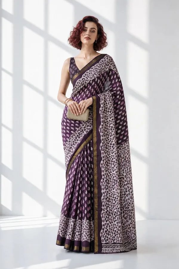 Leelavati_Printed_Floral_Print_Geometric_Print_Blocked_Printed_Woven_Daily_Wear_Pure_Cotton_Saree_Purple