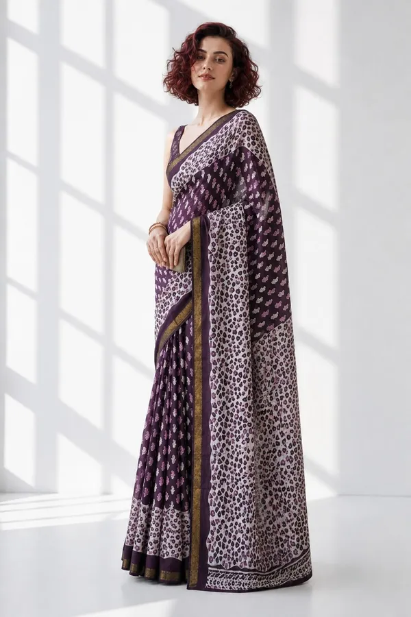 Leelavati_Printed_Floral_Print_Geometric_Print_Blocked_Printed_Woven_Daily_Wear_Pure_Cotton_Saree_Purple