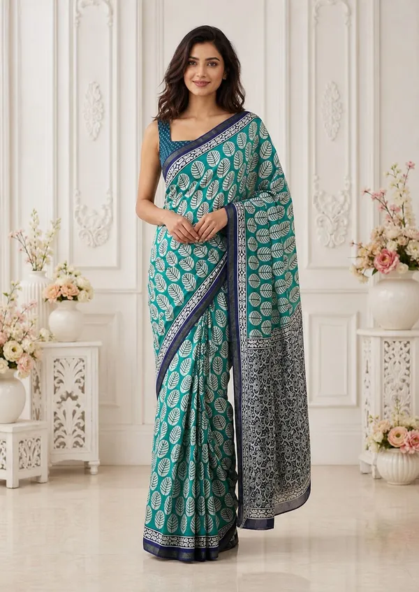 Leelavati_Printed_Floral_Print_Geometric_Print_Blocked_Printed_Woven_Daily_Wear_Pure_Cotton_Saree_Green