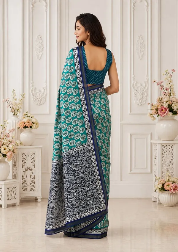 Leelavati_Printed_Floral_Print_Geometric_Print_Blocked_Printed_Woven_Daily_Wear_Pure_Cotton_Saree_Green