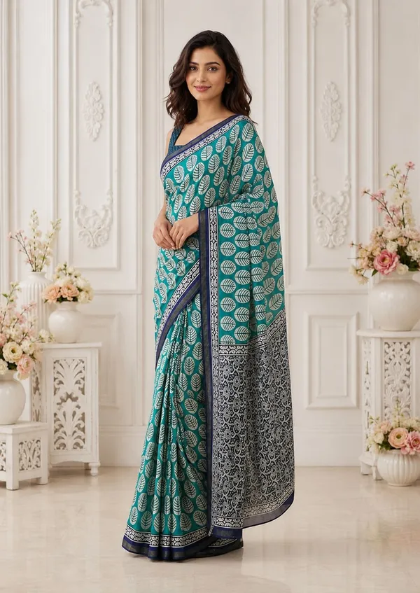 Leelavati_Printed_Floral_Print_Geometric_Print_Blocked_Printed_Woven_Daily_Wear_Pure_Cotton_Saree_Green