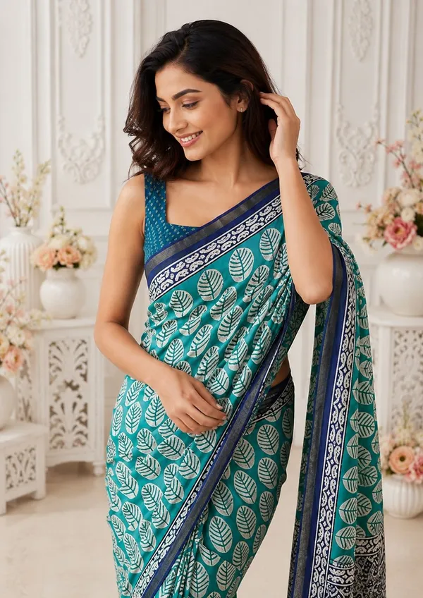 Leelavati_Printed_Floral_Print_Geometric_Print_Blocked_Printed_Woven_Daily_Wear_Pure_Cotton_Saree_Green