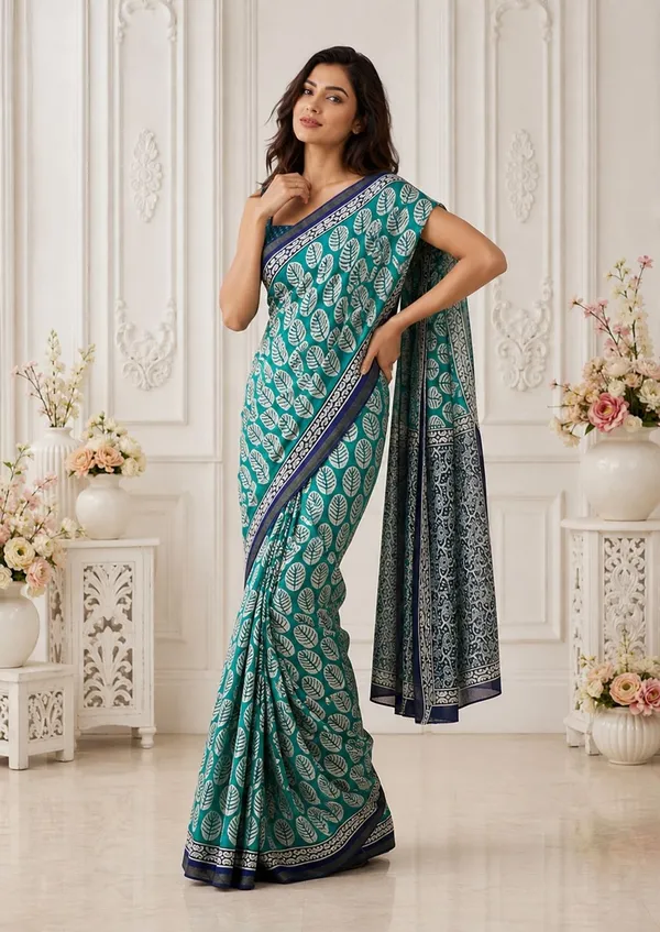 Leelavati_Printed_Floral_Print_Geometric_Print_Blocked_Printed_Woven_Daily_Wear_Pure_Cotton_Saree_Green