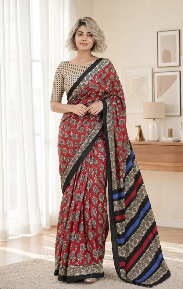 Leelavati_Printed_Floral_Print_Geometric_Print_Blocked_Printed_Woven_Daily_Wear_Pure_Cotton_Saree_Red