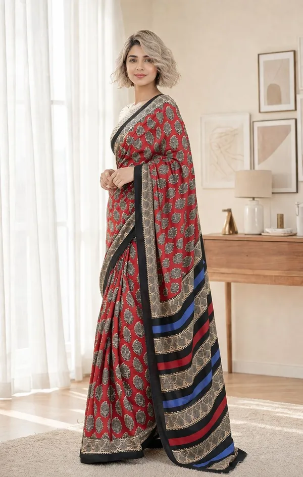 Leelavati_Printed_Floral_Print_Geometric_Print_Blocked_Printed_Woven_Daily_Wear_Pure_Cotton_Saree_Red