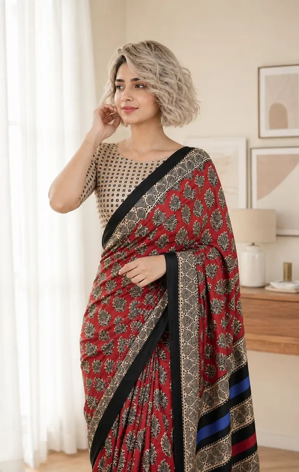 Leelavati_Printed_Floral_Print_Geometric_Print_Blocked_Printed_Woven_Daily_Wear_Pure_Cotton_Saree_Red