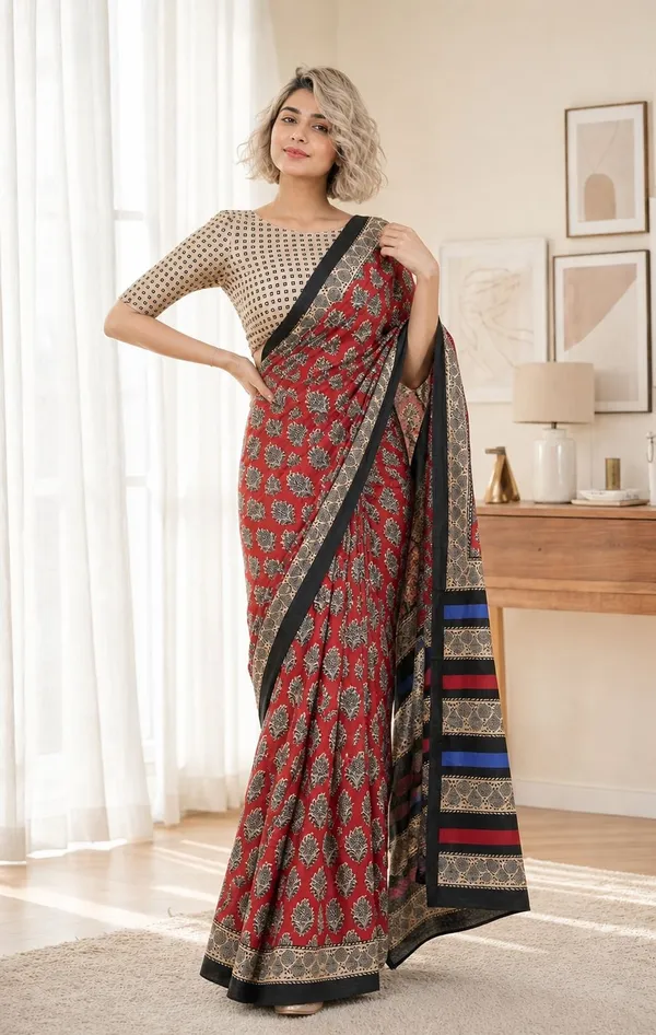 Leelavati_Printed_Floral_Print_Geometric_Print_Blocked_Printed_Woven_Daily_Wear_Pure_Cotton_Saree_Red