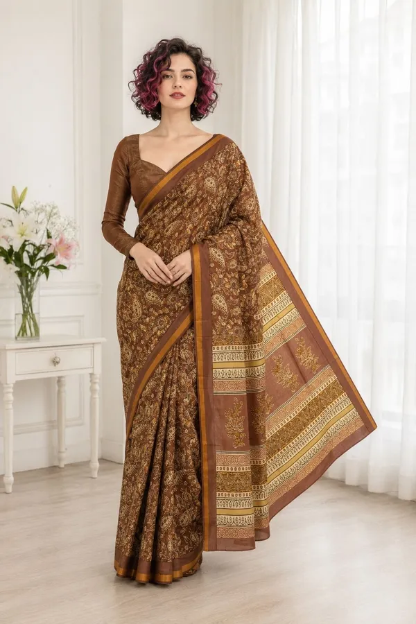 Leelavati_Printed_Floral_Print_Geometric_Print_Blocked_Printed_Woven_Daily_Wear_Pure_Cotton_Saree_Brown