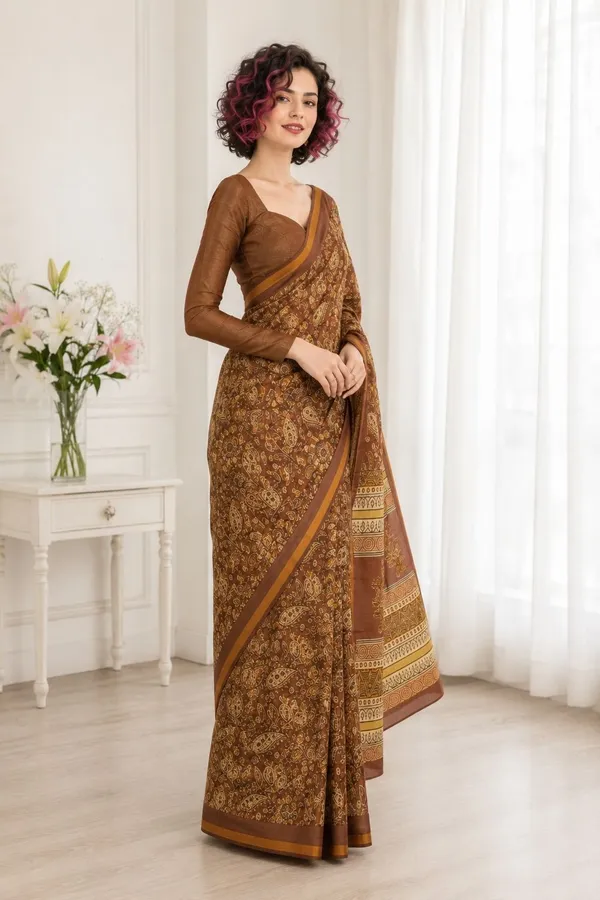 Leelavati_Printed_Floral_Print_Geometric_Print_Blocked_Printed_Woven_Daily_Wear_Pure_Cotton_Saree_Brown