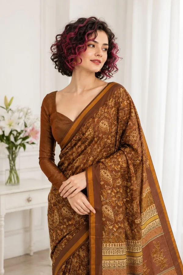 Leelavati_Printed_Floral_Print_Geometric_Print_Blocked_Printed_Woven_Daily_Wear_Pure_Cotton_Saree_Brown