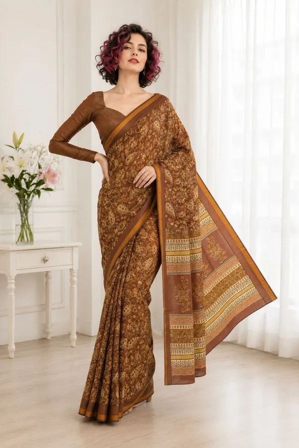 Leelavati_Printed_Floral_Print_Geometric_Print_Blocked_Printed_Woven_Daily_Wear_Pure_Cotton_Saree_Brown