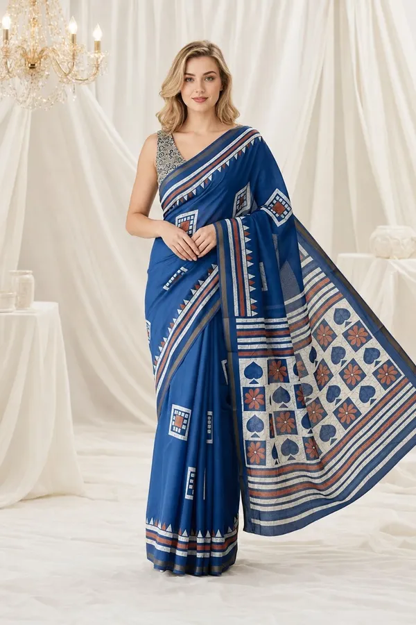 Leelavati_Printed_Floral_Print_Geometric_Print_Blocked_Printed_Woven_Daily_Wear_Pure_Cotton_Saree_Blue