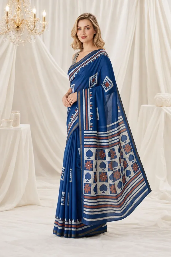 Leelavati_Printed_Floral_Print_Geometric_Print_Blocked_Printed_Woven_Daily_Wear_Pure_Cotton_Saree_Blue