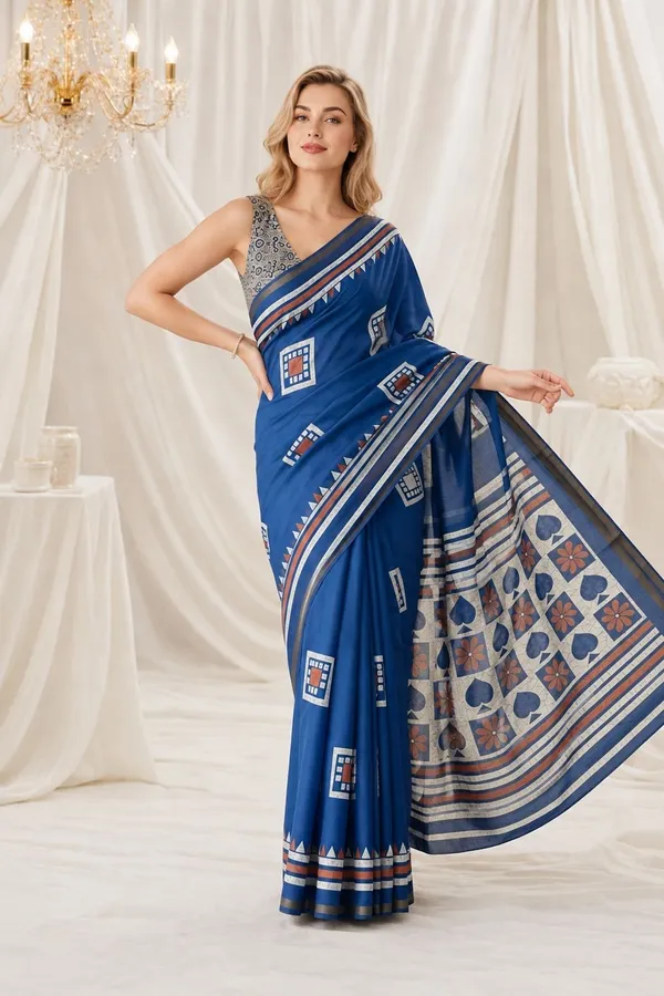 Leelavati_Printed_Floral_Print_Geometric_Print_Blocked_Printed_Woven_Daily_Wear_Pure_Cotton_Saree_Blue