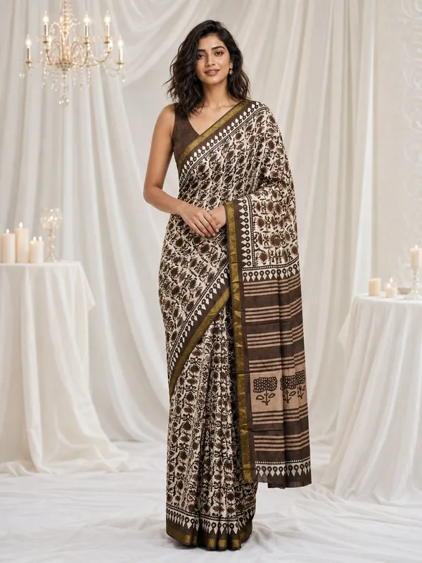 Leelavati_Printed_Floral_Print_Geometric_Print_Blocked_Printed_Woven_Daily_Wear_Pure_Cotton_Saree_Brown
