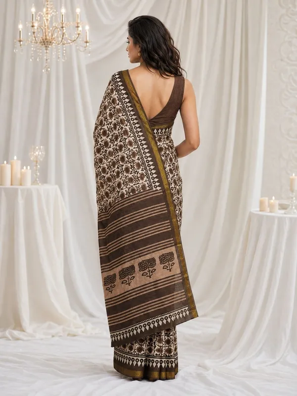 Leelavati_Printed_Floral_Print_Geometric_Print_Blocked_Printed_Woven_Daily_Wear_Pure_Cotton_Saree_Brown