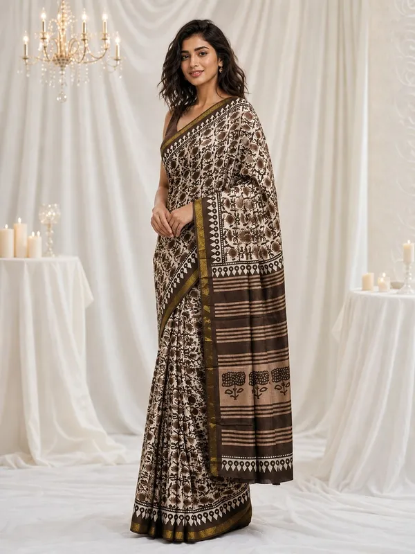 Leelavati_Printed_Floral_Print_Geometric_Print_Blocked_Printed_Woven_Daily_Wear_Pure_Cotton_Saree_Brown