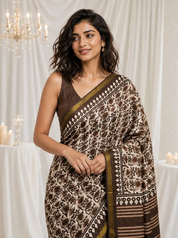 Leelavati_Printed_Floral_Print_Geometric_Print_Blocked_Printed_Woven_Daily_Wear_Pure_Cotton_Saree_Brown