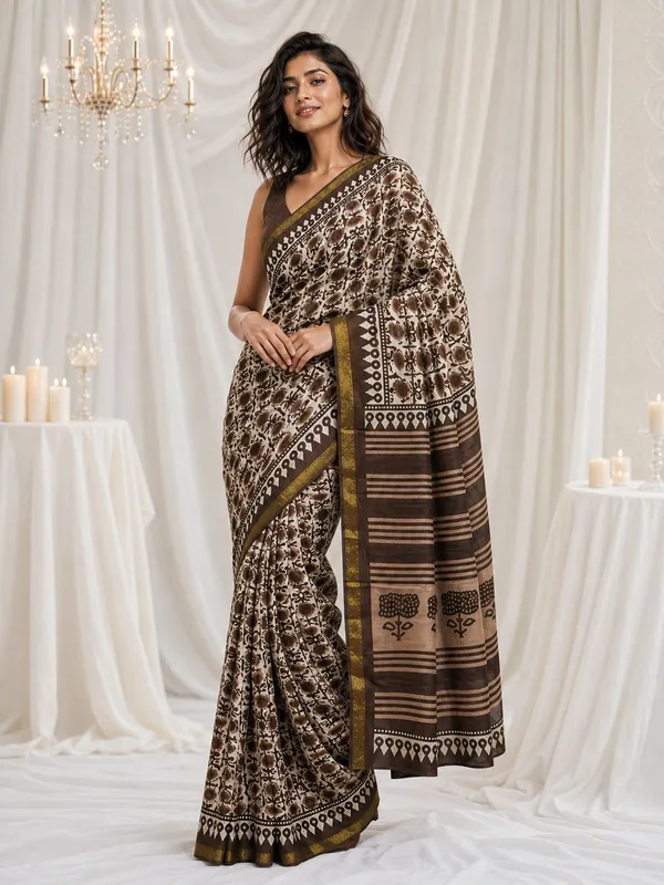 Leelavati_Printed_Floral_Print_Geometric_Print_Blocked_Printed_Woven_Daily_Wear_Pure_Cotton_Saree_Brown