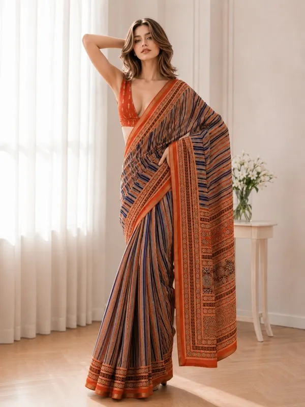 Leelavati_Printed_Floral_Print_Geometric_Print_Blocked_Printed_Woven_Daily_Wear_Pure_Cotton_Saree_Orange