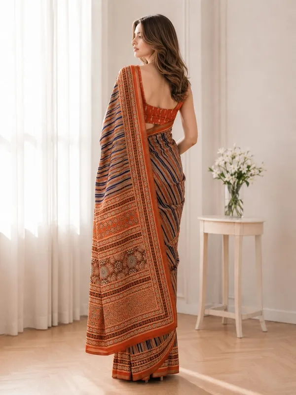 Leelavati_Printed_Floral_Print_Geometric_Print_Blocked_Printed_Woven_Daily_Wear_Pure_Cotton_Saree_Orange