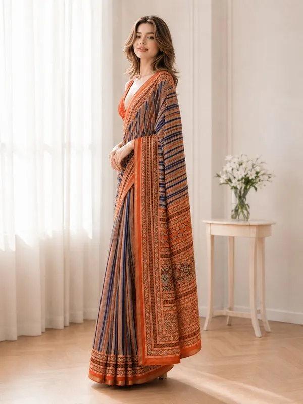 Leelavati_Printed_Floral_Print_Geometric_Print_Blocked_Printed_Woven_Daily_Wear_Pure_Cotton_Saree_Orange