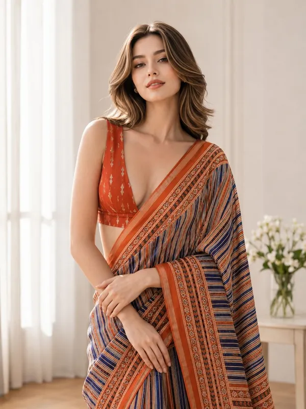 Leelavati_Printed_Floral_Print_Geometric_Print_Blocked_Printed_Woven_Daily_Wear_Pure_Cotton_Saree_Orange